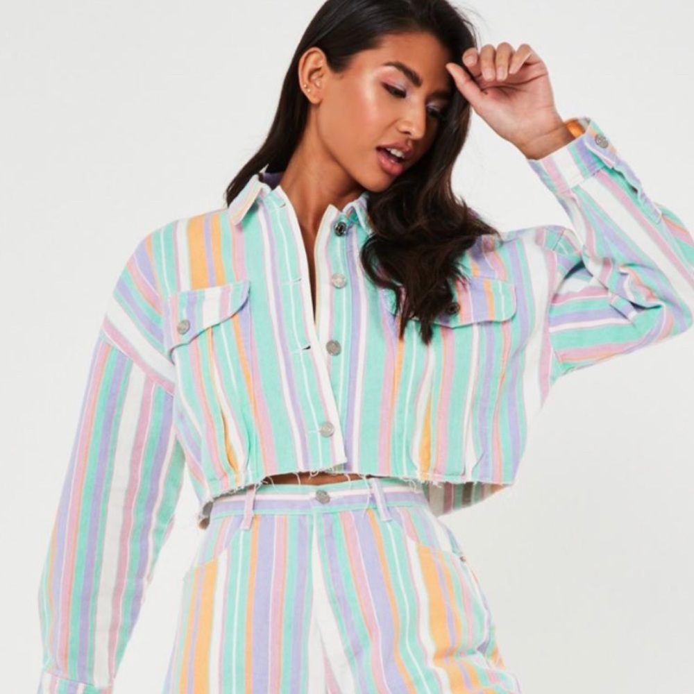 Green Co Ord Pastel Stripe Raw Hem Cropped Denim Jacket